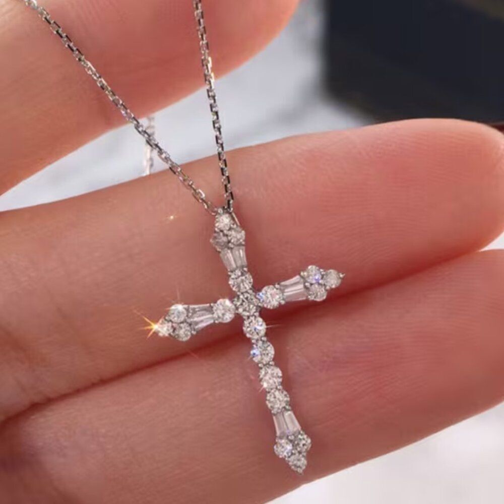 NWT CZ Cross Necklace Stainless Steel Elegant Ladder Square Design